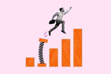 Real man jumping springing up bar graph graphic